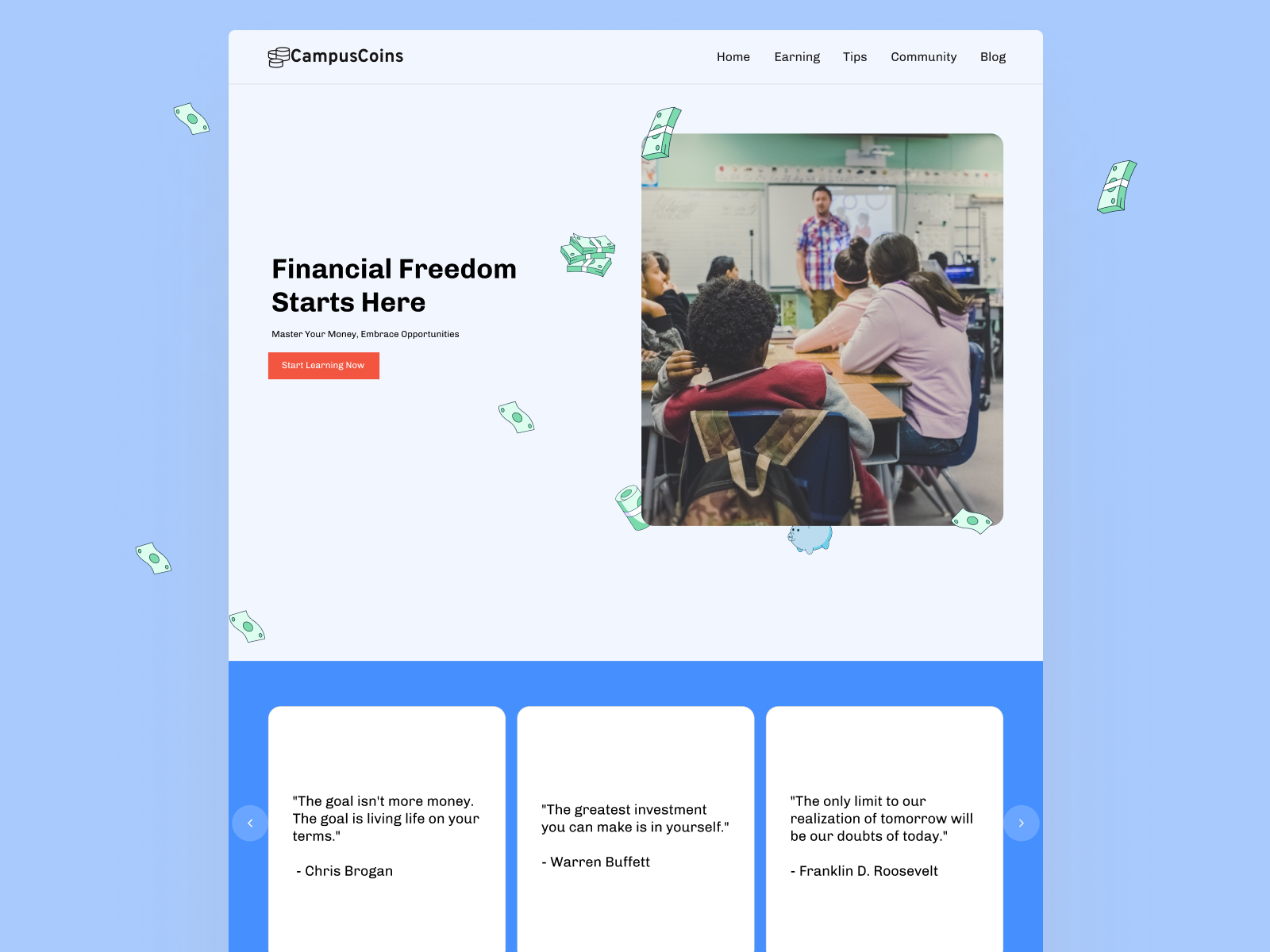 Landing page design for finance management tips page
